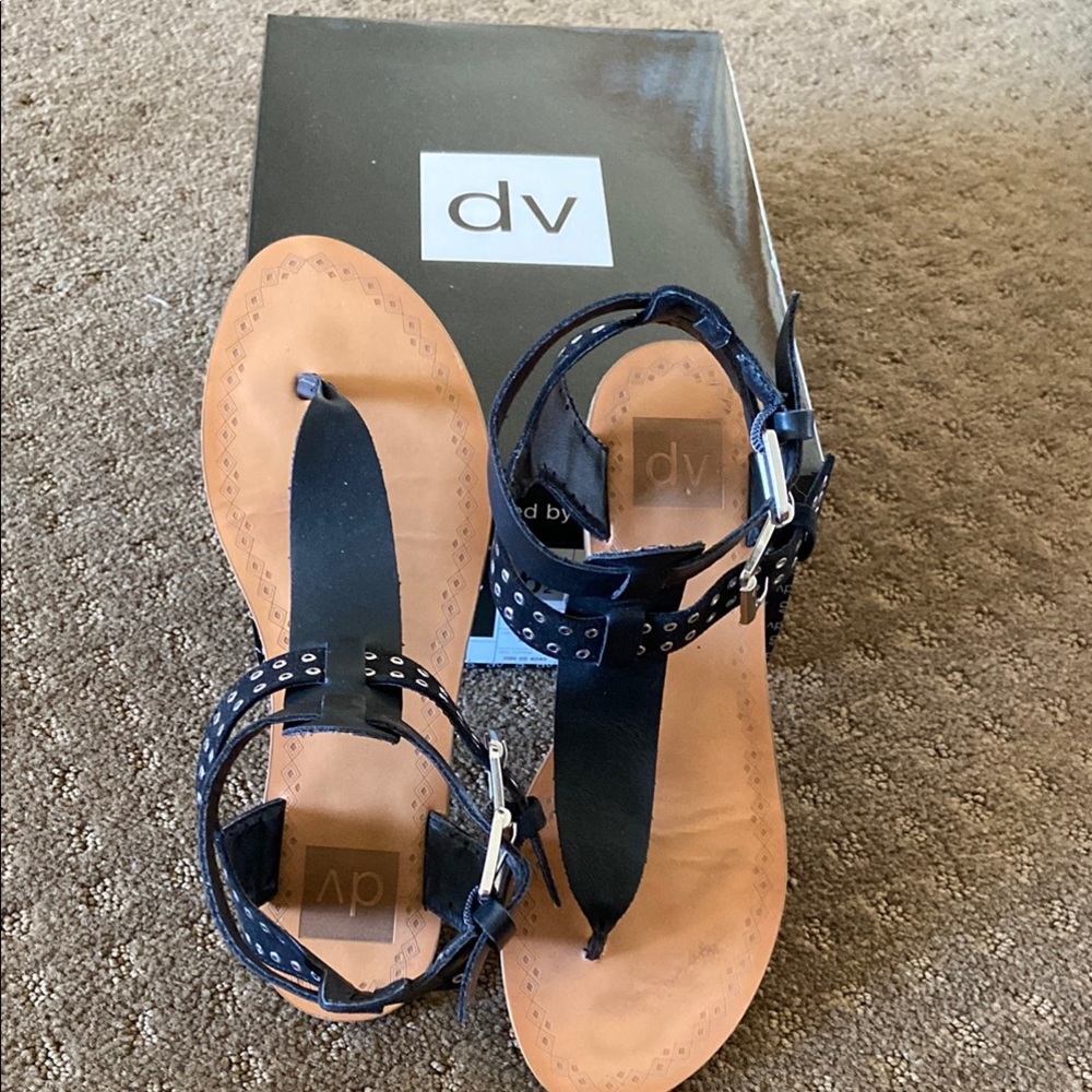 DV by Dolce Vita Black and Tan Sandals with T-Strap Design